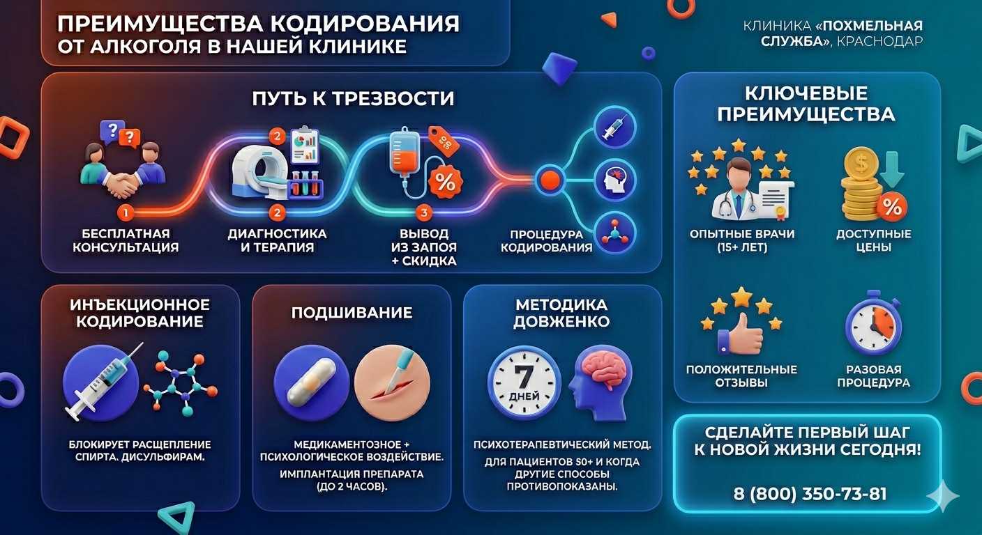 Инфографика о методах кодирования от алкоголя в Петровск-Забайкальском: инъекции, подшивание, метод Довженко. Преимущества клиники и этапы лечения.